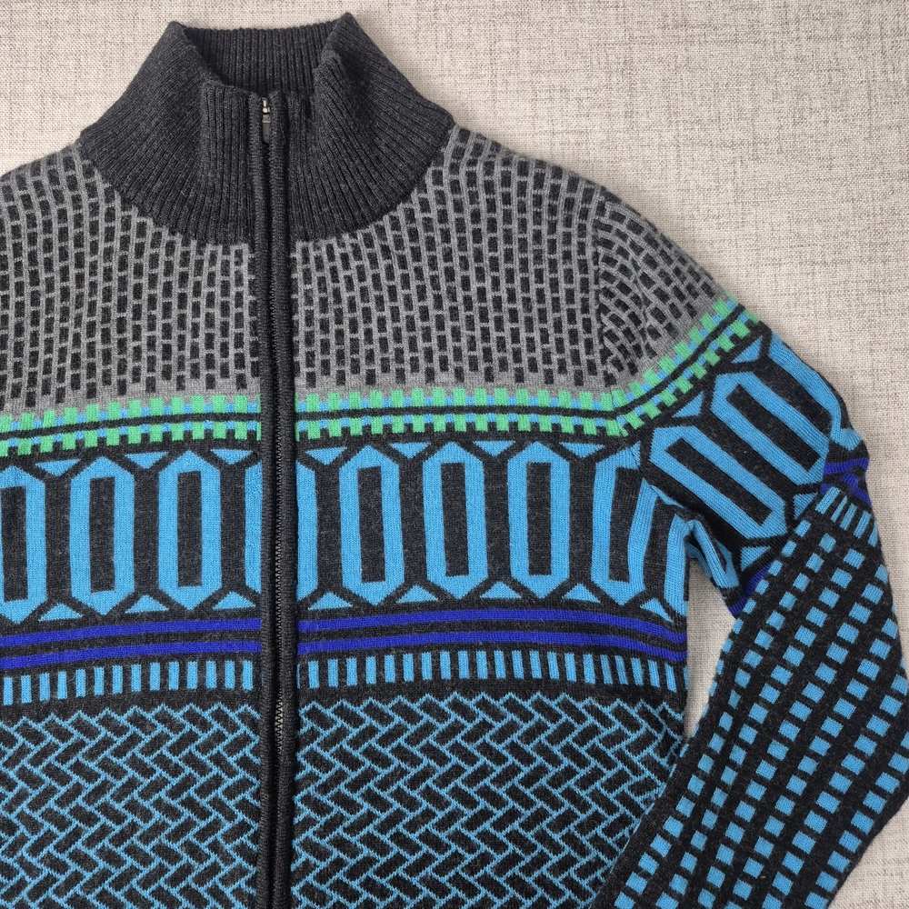 Krimson Klover 100% Merino Wool Full Zip Sweater Nordic Geometric Blue M - Picture 4 of 12